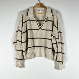 Splendid x Cella Jane Cotton Blend Stretch Knit Stripe Polo Sweater Beige Ivory